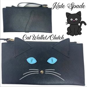 Kate Spade Flat Black Cat Wallet And/Or Clutch Rare Collectible Blue Eyed Kitty